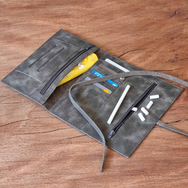 Kartlık Bölmeli Tütün Kesesi Cüzdan Tütün Çantası Deri Gri